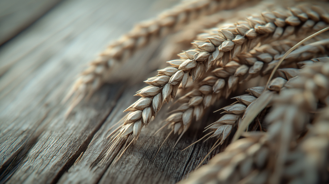 A Close-Up of Wheat Stalks Arranged on A Wooden Surface