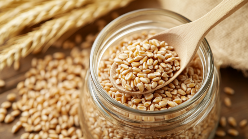 A Close-Up of Wheat Grains in A Jar with A Wooden Spoon Resting on Top